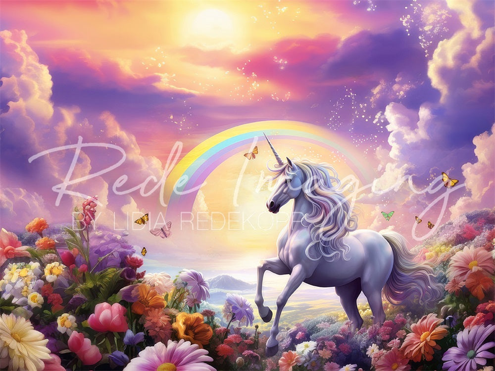 Kate Dreamy Cartoon Colorful Flower Rainbow White Unicorn Green Meadow Backdrop Designed by Lidia Redekopp