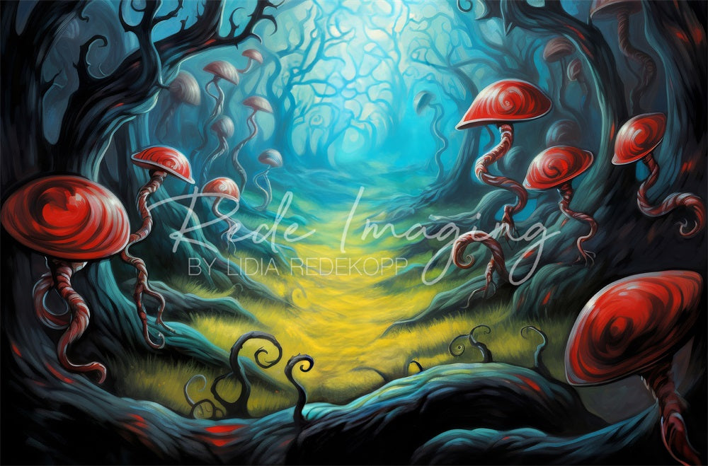 Kate Fantasy Dark Red Mushroom Light Green Meadow Forest Backdrop Designed by Lidia Redekopp