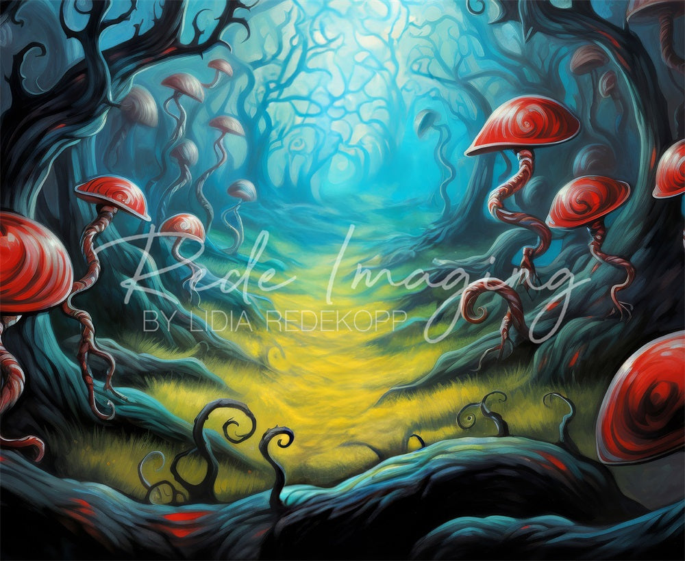 Kate Fantasy Dark Red Mushroom Light Green Meadow Forest Backdrop Designed by Lidia Redekopp