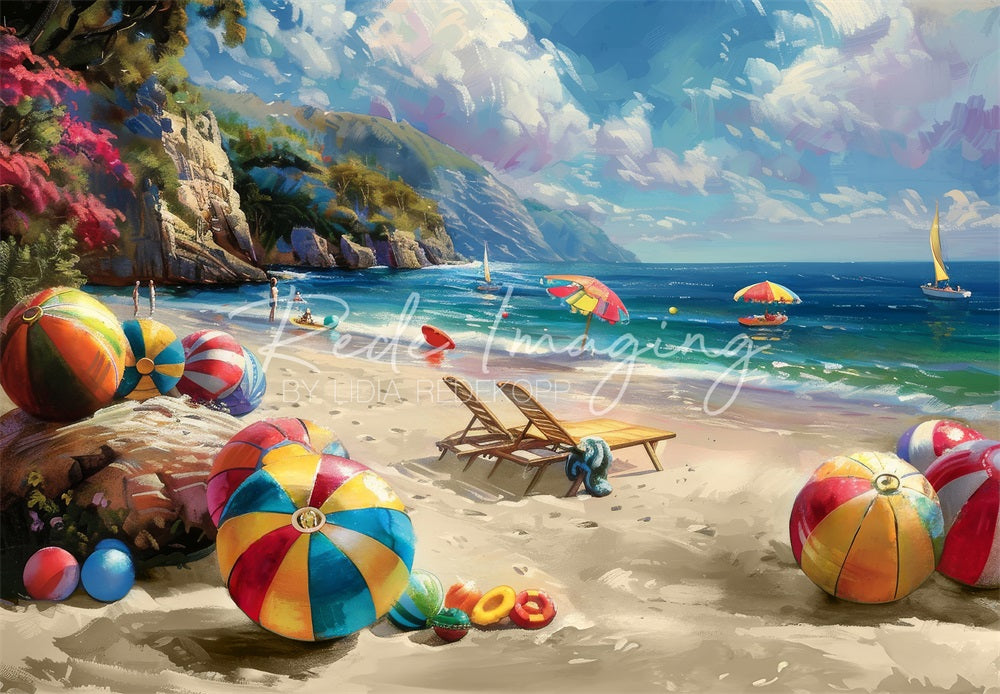 Kate Summer Watercolor Sea Beach Mountain Sailboat Parasol Colorful Ball Backdrop Designed by Lidia Redekopp