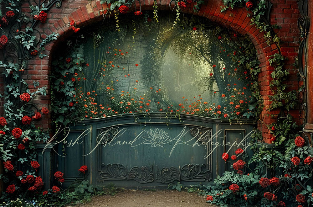 Kate Vintage Climbing Red Rose Dark Green Door Brick Wall Arch Backdrop Designed by Laura Bybee