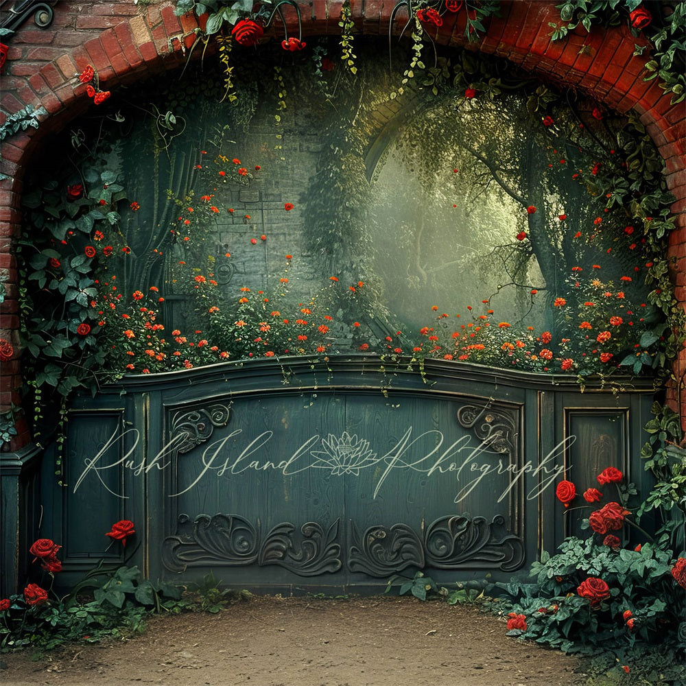Kate Vintage Climbing Red Rose Dark Green Door Brick Wall Arch Backdrop Designed by Laura Bybee