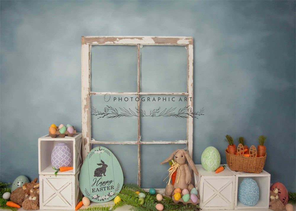 Kate Easter Egg Bunny Broken Frame Window Dark Blue Wall Backdrop for Photography Designed by Jenna Onyia