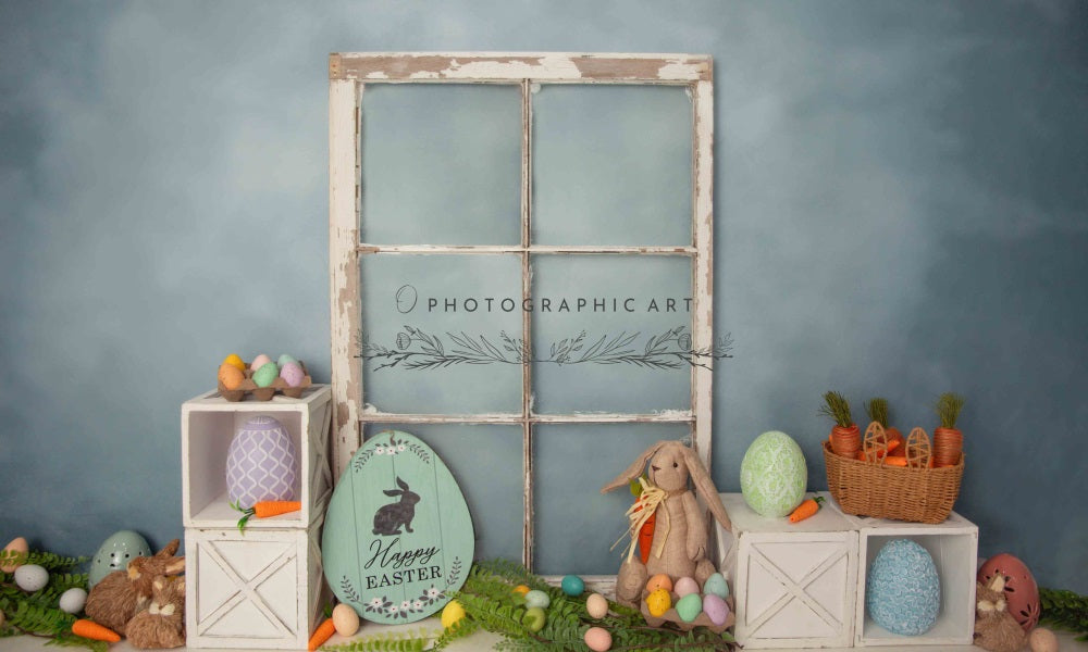 Kate Easter Egg Bunny Broken Frame Window Dark Blue Wall Backdrop for Photography Designed by Jenna Onyia