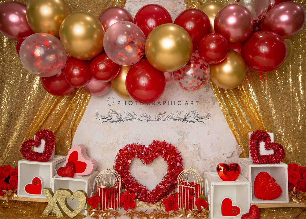 Kate Retro Valentine's Day Red Rose Heart Colorful Balloon Gold Curtain Backdrop for Photography Designed by Jenna Onyia