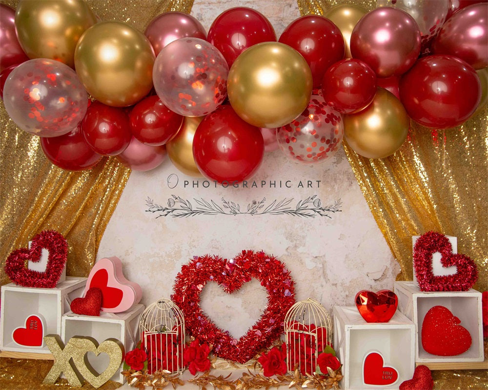 Kate Retro Valentine's Day Red Rose Heart Colorful Balloon Gold Curtain Backdrop for Photography Designed by Jenna Onyia