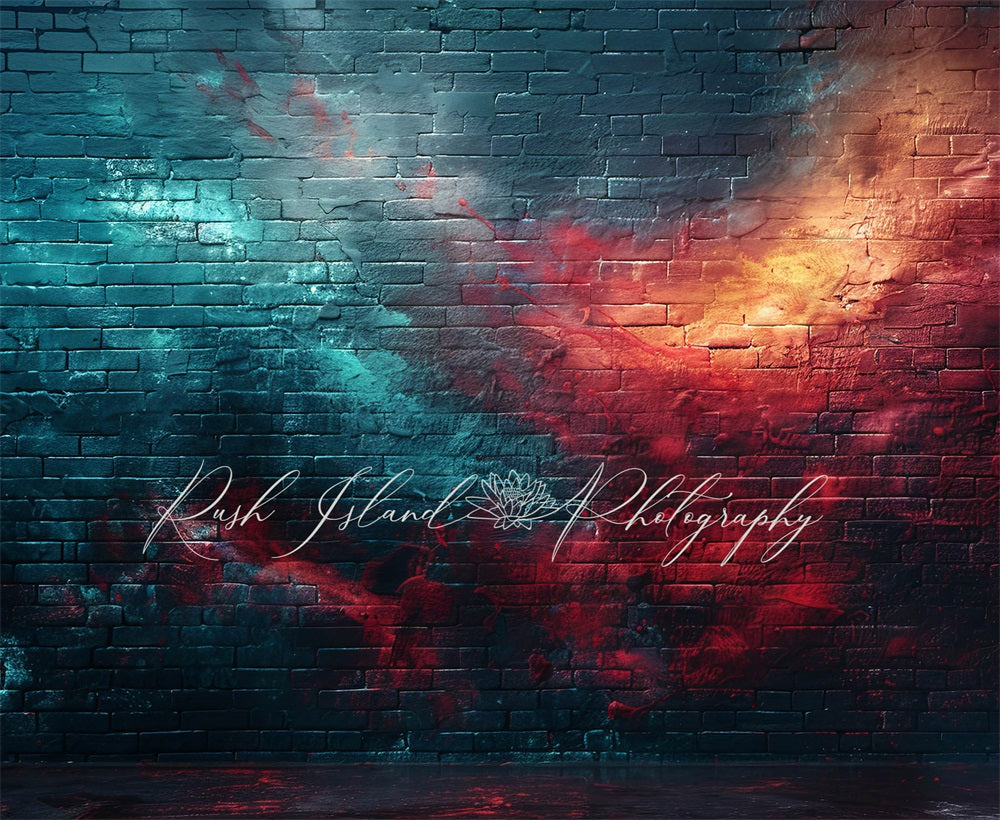 Kate Retro Blue and Red Clash Storm Graffiti Broken Brick Wall Backdrop Designed by Laura Bybee