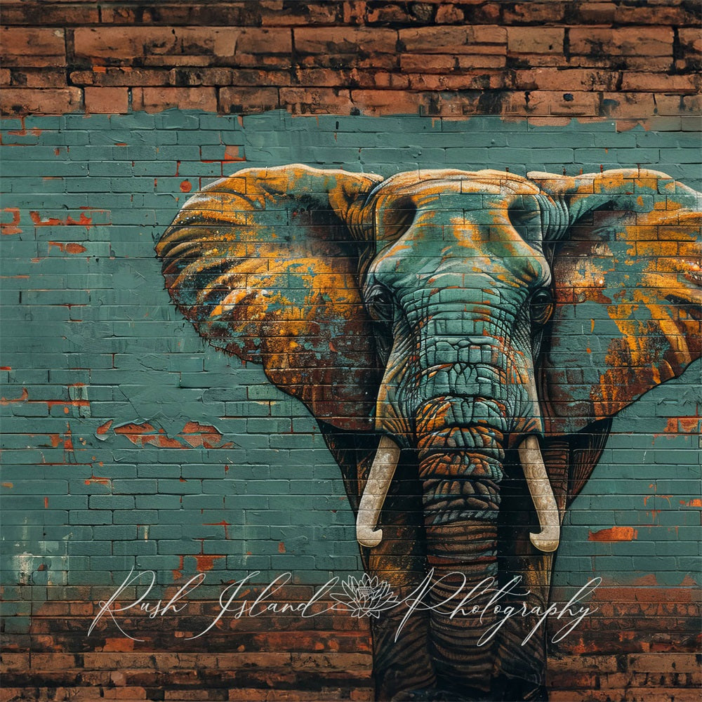Kate Retro Dark Green Graffiti Elephant Broken Brick Wall Backdrop Designed by Laura Bybee