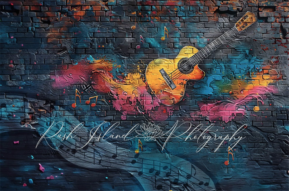Vintage Kleurrijke Graffiti Gitaar Donkerblauwe Gebroken Bakstenen Foto Achtergrond Ontworpen door Laura Bybee