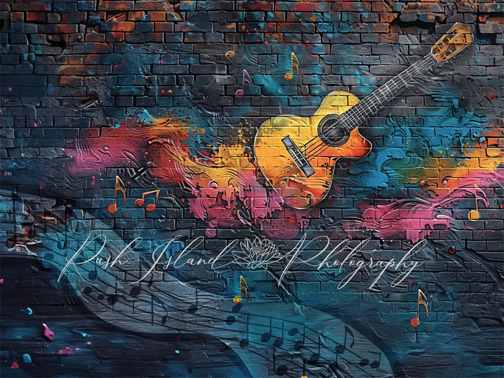 Vintage Kleurrijke Graffiti Gitaar Donkerblauwe Gebroken Bakstenen Foto Achtergrond Ontworpen door Laura Bybee