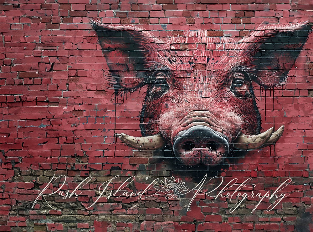 Sfondo rosso scuro graffiti Fierce Razorback Hog rompio il muro di mattoni progettato da Laura Bybee