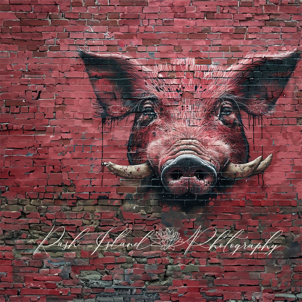 Sfondo rosso scuro graffiti Fierce Razorback Hog rompio il muro di mattoni progettato da Laura Bybee