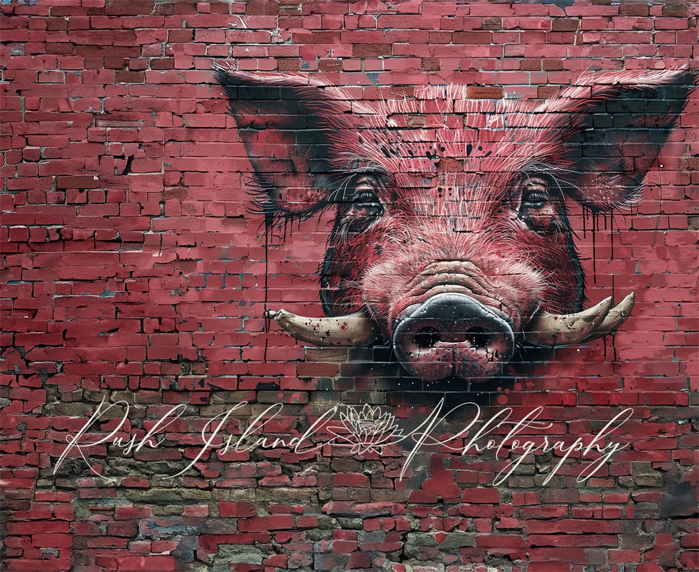 Sfondo rosso scuro graffiti Fierce Razorback Hog rompio il muro di mattoni progettato da Laura Bybee