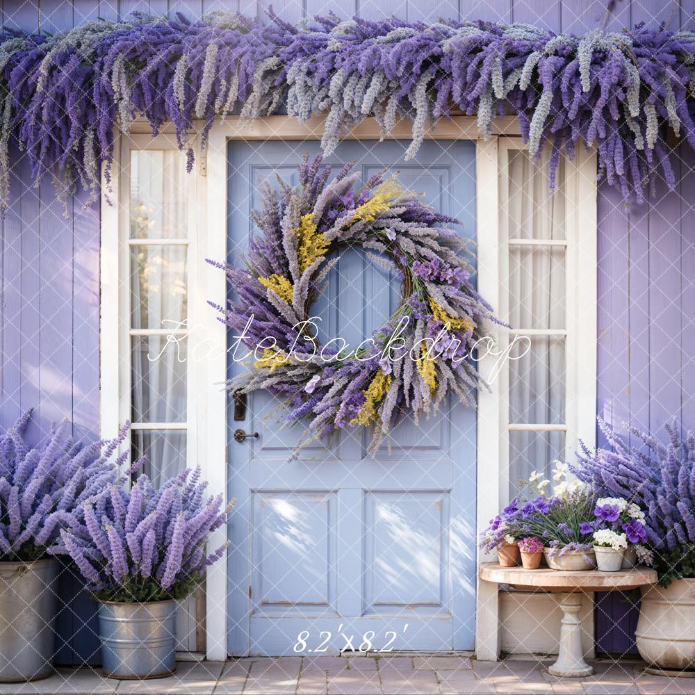 Kate Mother's Day Purple Lavender Wreath Blue Door Wooden Striped Wall Backdrop Designed by Emetselch