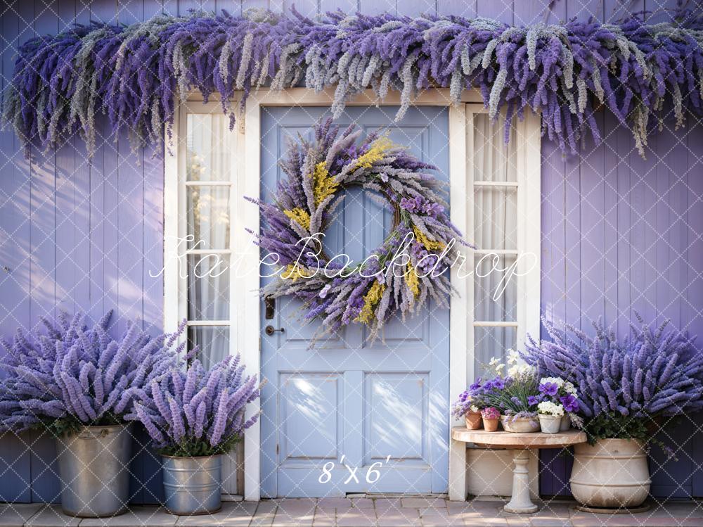 Kate Mother's Day Purple Lavender Wreath Blue Door Wooden Striped Wall Backdrop Designed by Emetselch