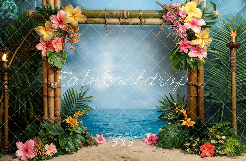 Zomer Hawaii Zeekust Groene Plant Kleurrijke Bloem Bamboe Deur Foto Achtergrond Ontworpen door Emetselch