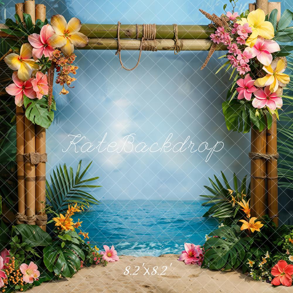 Zomer Hawaii Zeekust Groene Plant Kleurrijke Bloem Bamboe Deur Foto Achtergrond Ontworpen door Emetselch