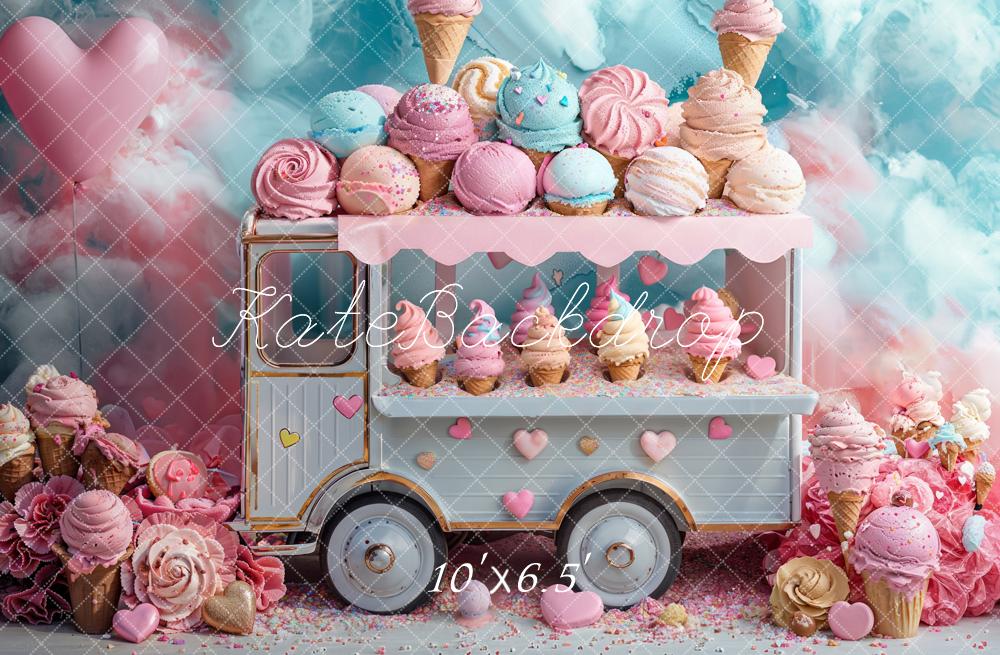 Kate Fantasy Cartoon Pink Blue Ice Cream Truck Backdrop Designed by Emetselch