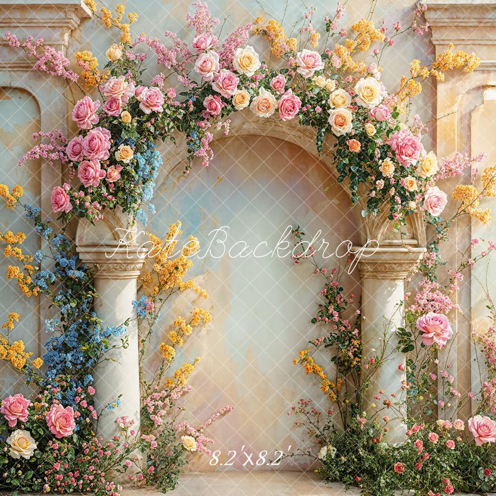 Zomer Vintage Fijnkunst Bloemenboog Wit Marmer Foto Achtergrond Ontworpen door Chain Photography