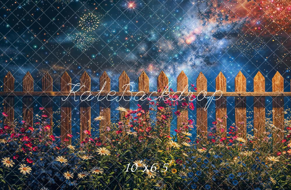 Día de la Independencia de Verano a Medianoche Estrella de Fuegos Artificiales Flor Valla de Madera Marrón Diseñado por Fotografía de Cadenas