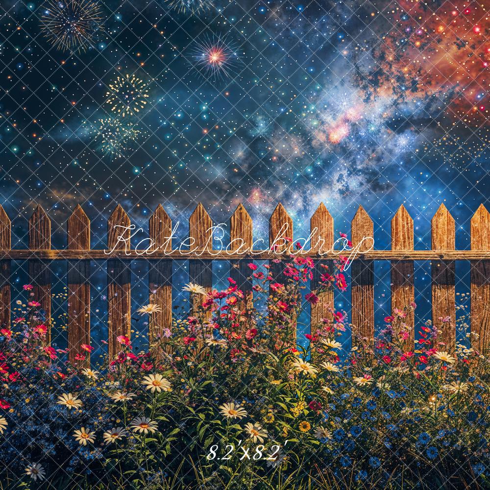 Día de la Independencia de Verano a Medianoche Estrella de Fuegos Artificiales Flor Valla de Madera Marrón Diseñado por Fotografía de Cadenas