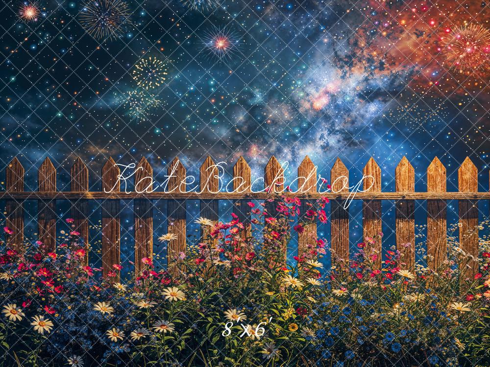 Día de la Independencia de Verano a Medianoche Estrella de Fuegos Artificiales Flor Valla de Madera Marrón Diseñado por Fotografía de Cadenas