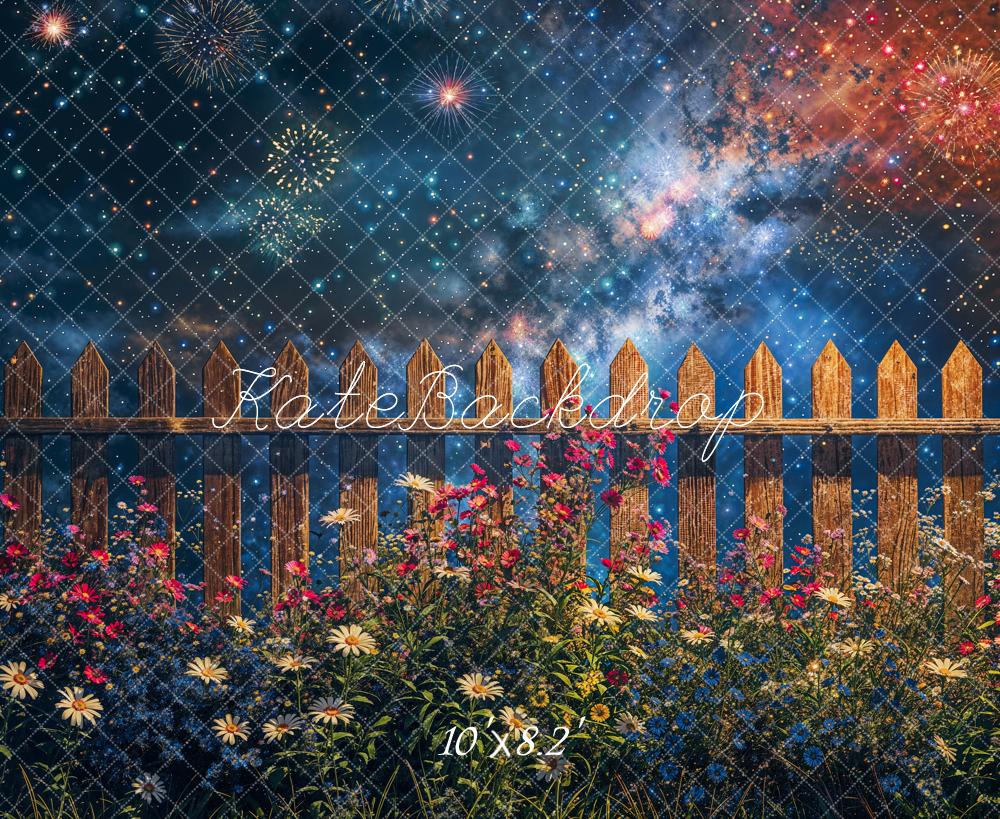 Día de la Independencia de Verano a Medianoche Estrella de Fuegos Artificiales Flor Valla de Madera Marrón Diseñado por Fotografía de Cadenas