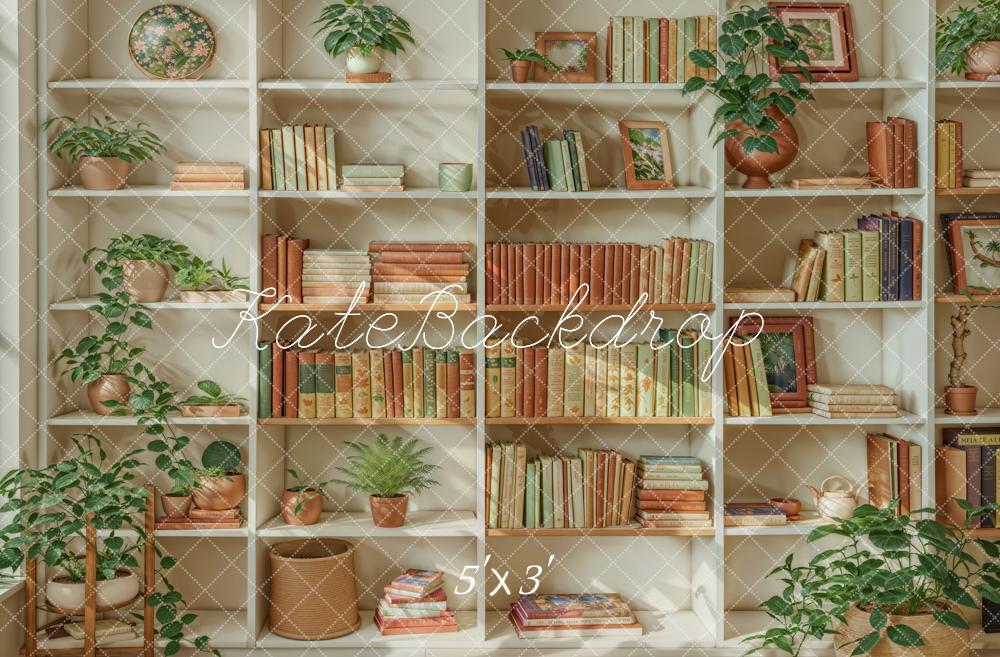 Kate Summer Indoor Green Plant White Wooden Bookshelf Backdrop Designed by Emetselch
