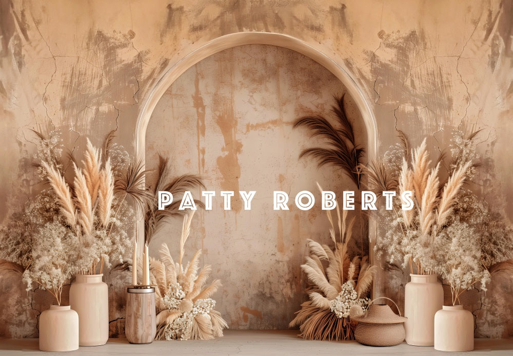 Kate Boho Dark Beige Arched Wall Pampas Grass Backdrop Designed by Patty Robert