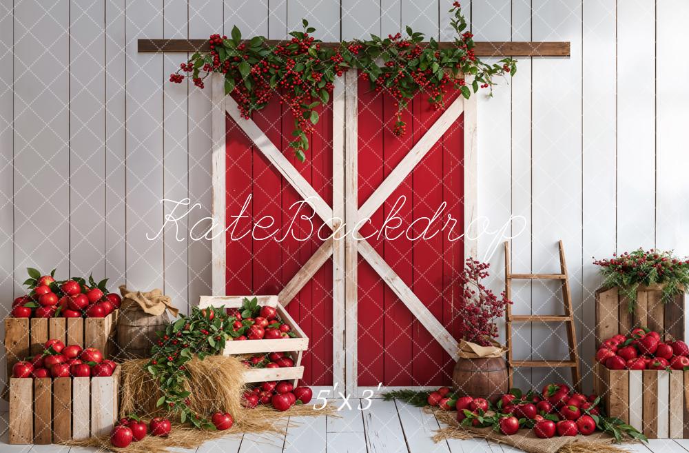 Kate Autumn Red Apple Barn Door White Wooden Wall Backdrop Designed by Emetselch