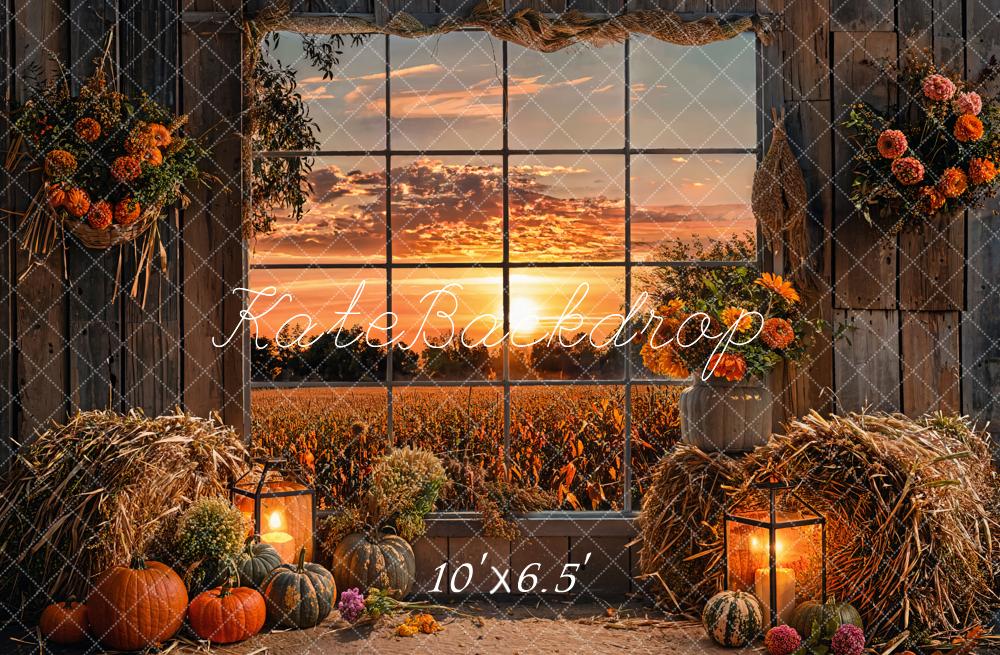 Kate Autumn Sunset Colorful Flower Pumpkin Framed Window Barn Field Backdrop Designed by Emetselch