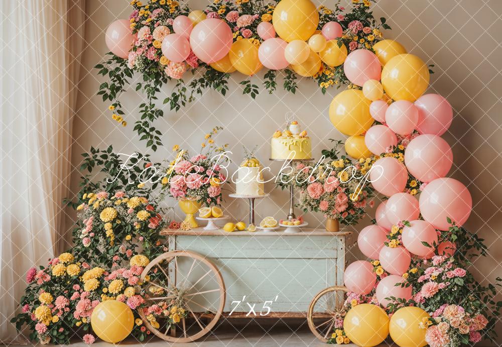 Kate Summer Birthday Cake Smash Lemon Colorful Flower Balloon Arch Printed Backdrop Designed by Emetselch