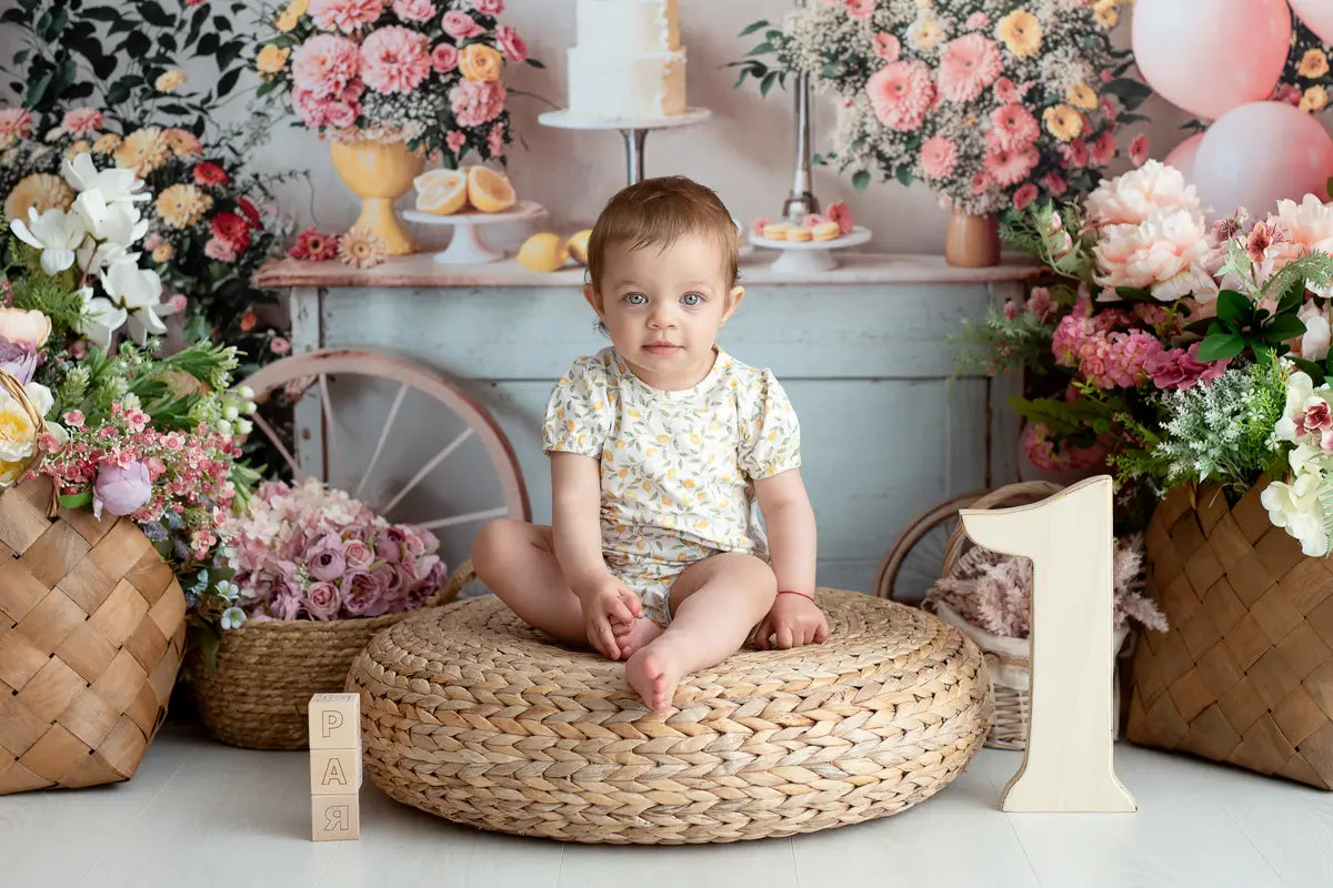 Kate Summer Birthday Cake Smash Lemon Colorful Flower Balloon Arch Printed Backdrop Designed by Emetselch