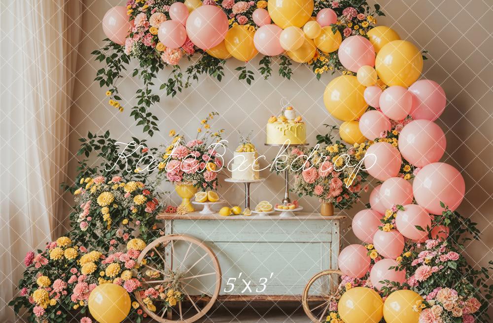 Kate Summer Birthday Cake Smash Lemon Colorful Flower Balloon Arch Printed Backdrop Designed by Emetselch