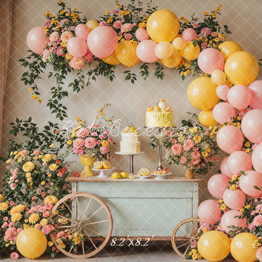 Kate Summer Birthday Cake Smash Lemon Colorful Flower Balloon Arch Printed Backdrop Designed by Emetselch