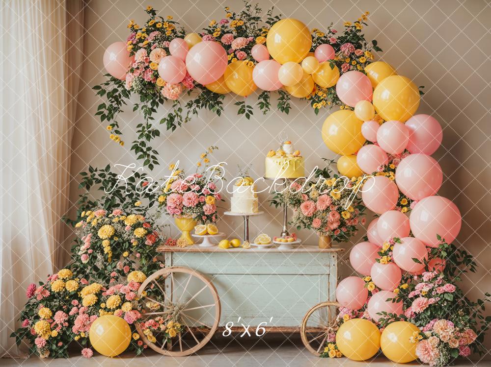 Kate Summer Birthday Cake Smash Lemon Colorful Flower Balloon Arch Printed Backdrop Designed by Emetselch