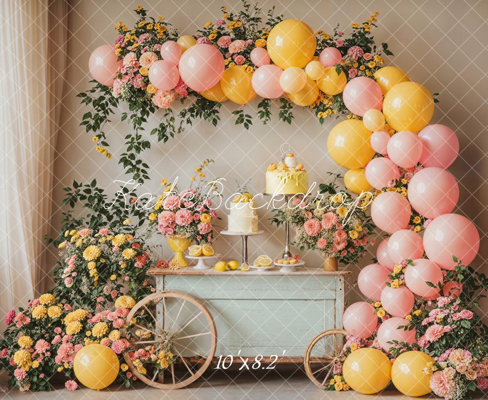 Kate Summer Birthday Cake Smash Lemon Colorful Flower Balloon Arch Printed Backdrop Designed by Emetselch
