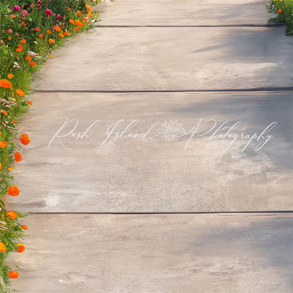 Summer Garden Red Flower Light Grey Wooden Path Floor Backdrop Disegnato da Laura Bybee