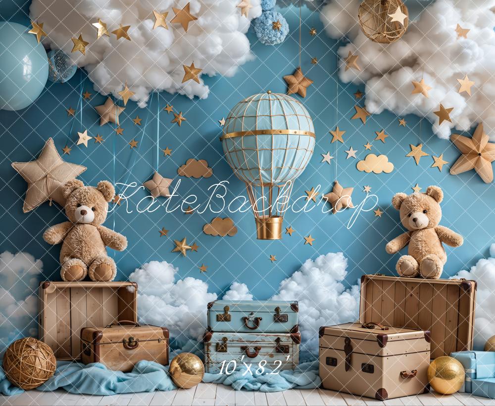 Kate Birthday Hot Air Balloon Teddy Bear Star Cloud Backdrop Designed by Emetselch
