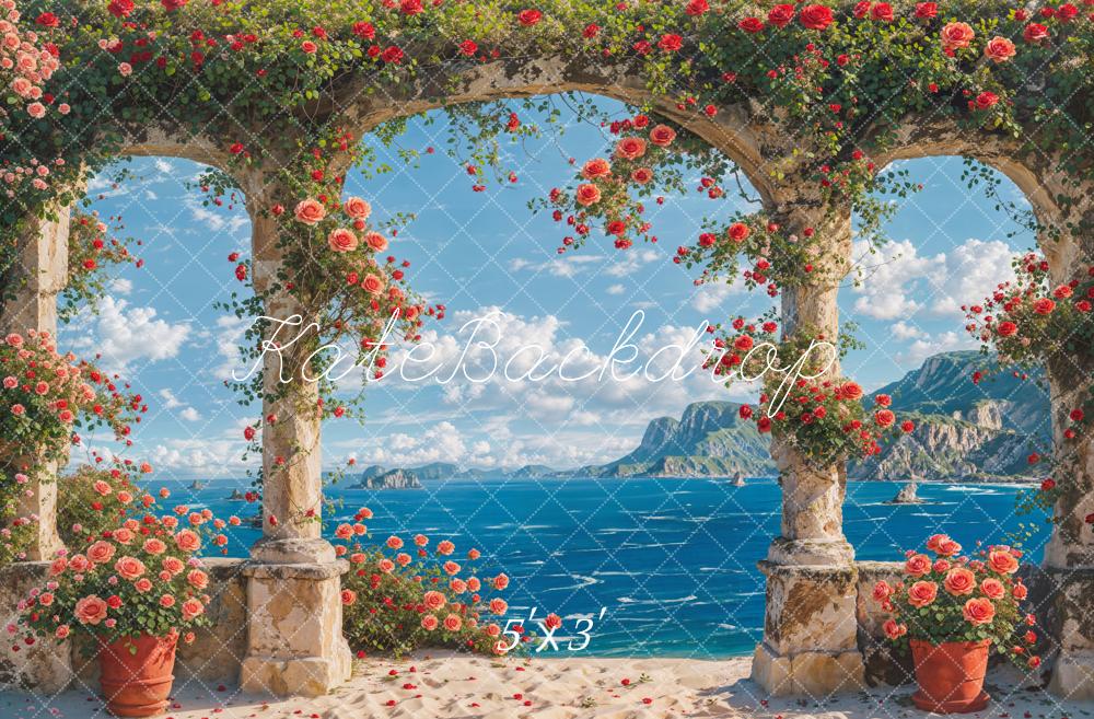 Zomerzee Strand Roze Bloemenstenen Boogdeur Foto Achtergrond Ontworpen door Ketenfotografie