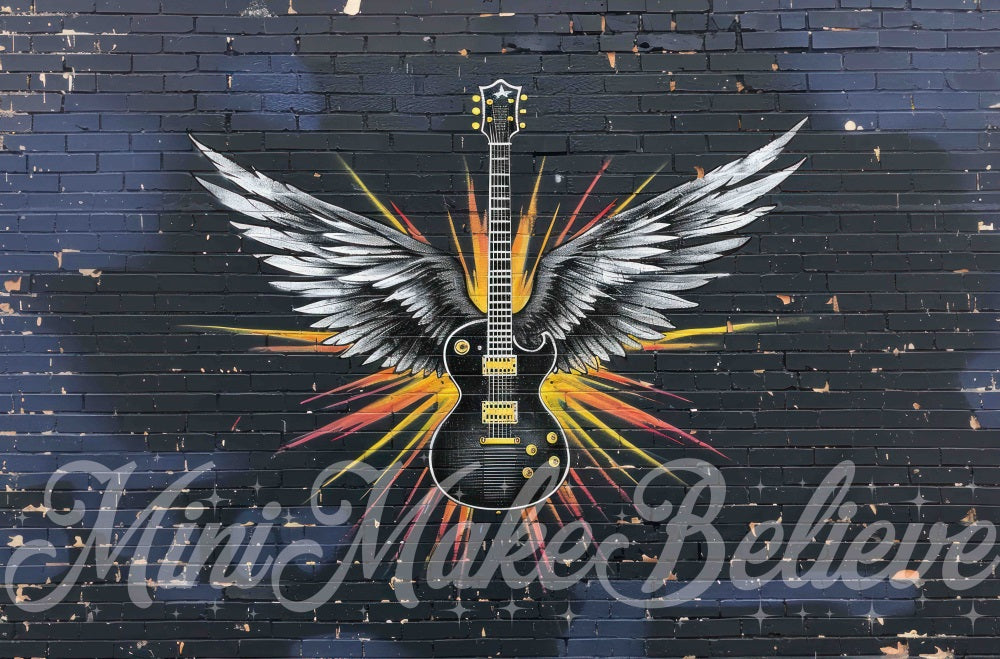 Donkere Coole Graffiti Vleugel Gitaar Zwarte Bakstenen Muurachtergrond Ontworpen door Mini MakeBelieve
