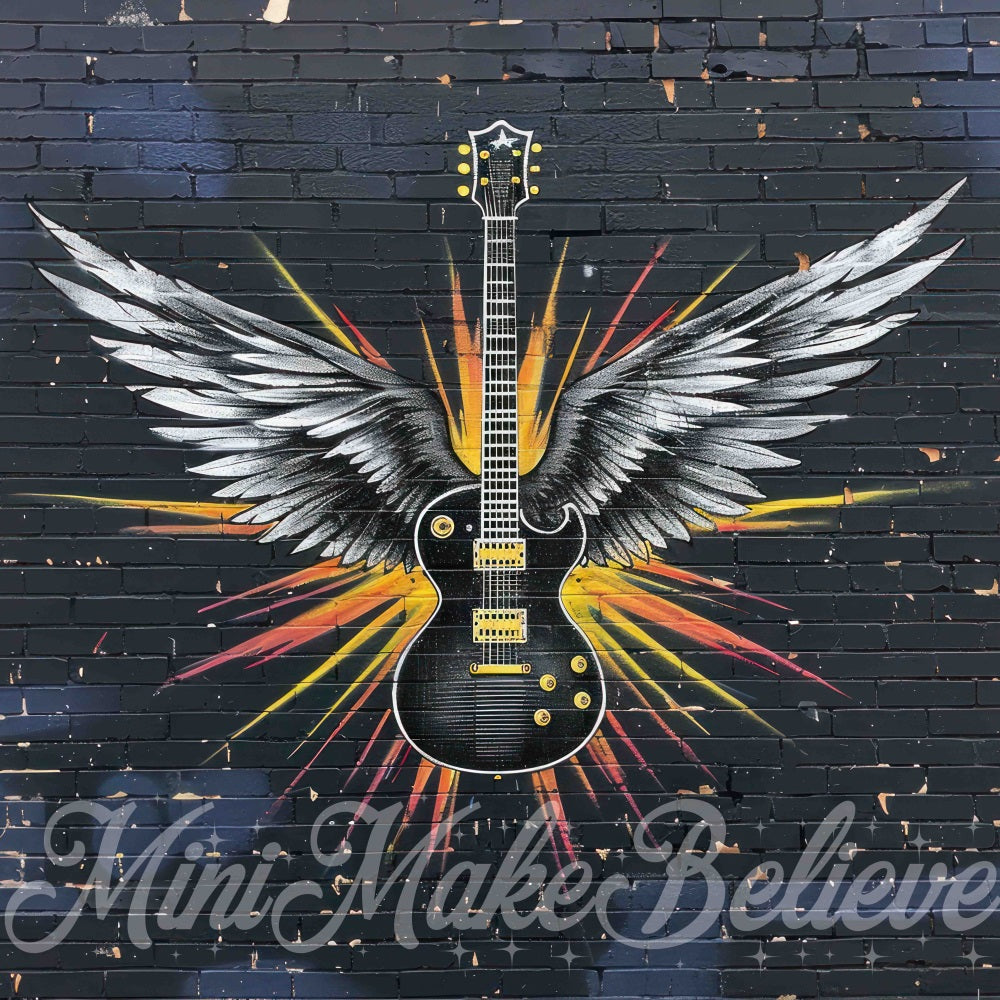 Donkere Coole Graffiti Vleugel Gitaar Zwarte Bakstenen Muurachtergrond Ontworpen door Mini MakeBelieve