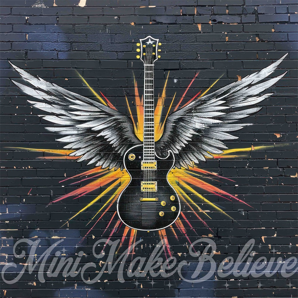 Donkere Coole Graffiti Vleugel Gitaar Zwarte Bakstenen Muurachtergrond Ontworpen door Mini MakeBelieve