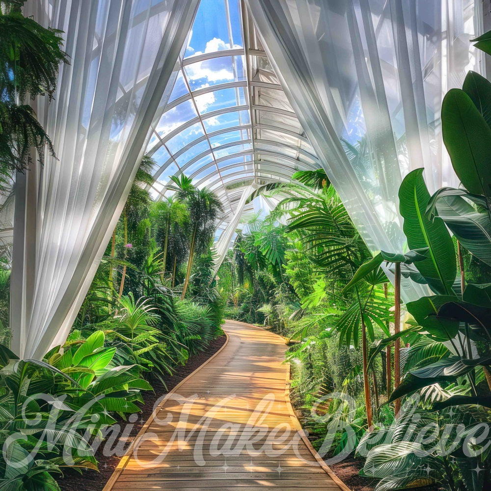 Kate Summer Green Plant White Curtain Wooden Path Jungle Room Backdrop Designed by Mini MakeBelieve
