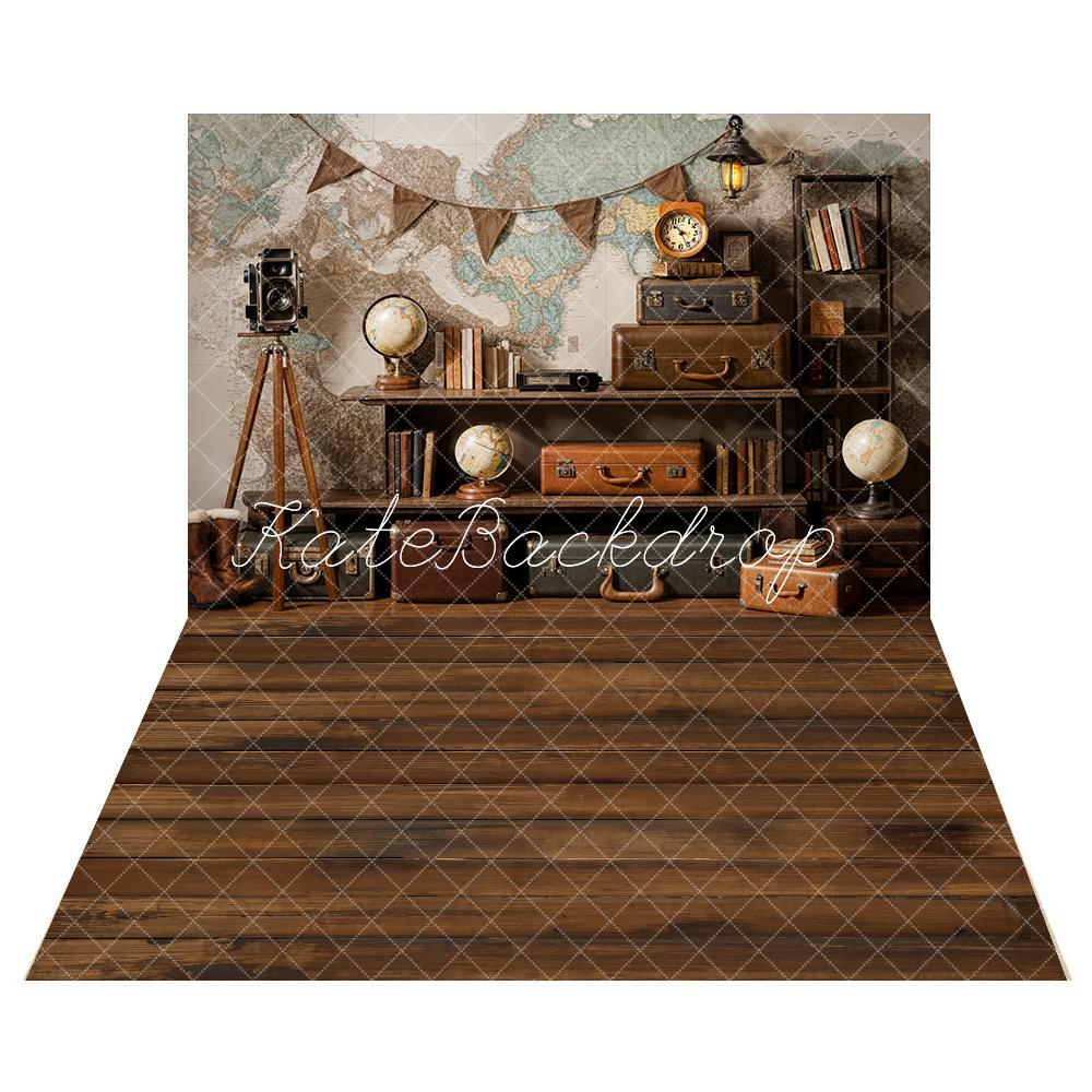 Kate Vintage Camera Suitcase Globe Adventure Travel Backdrop+Brown Wooden Floor Backdrop