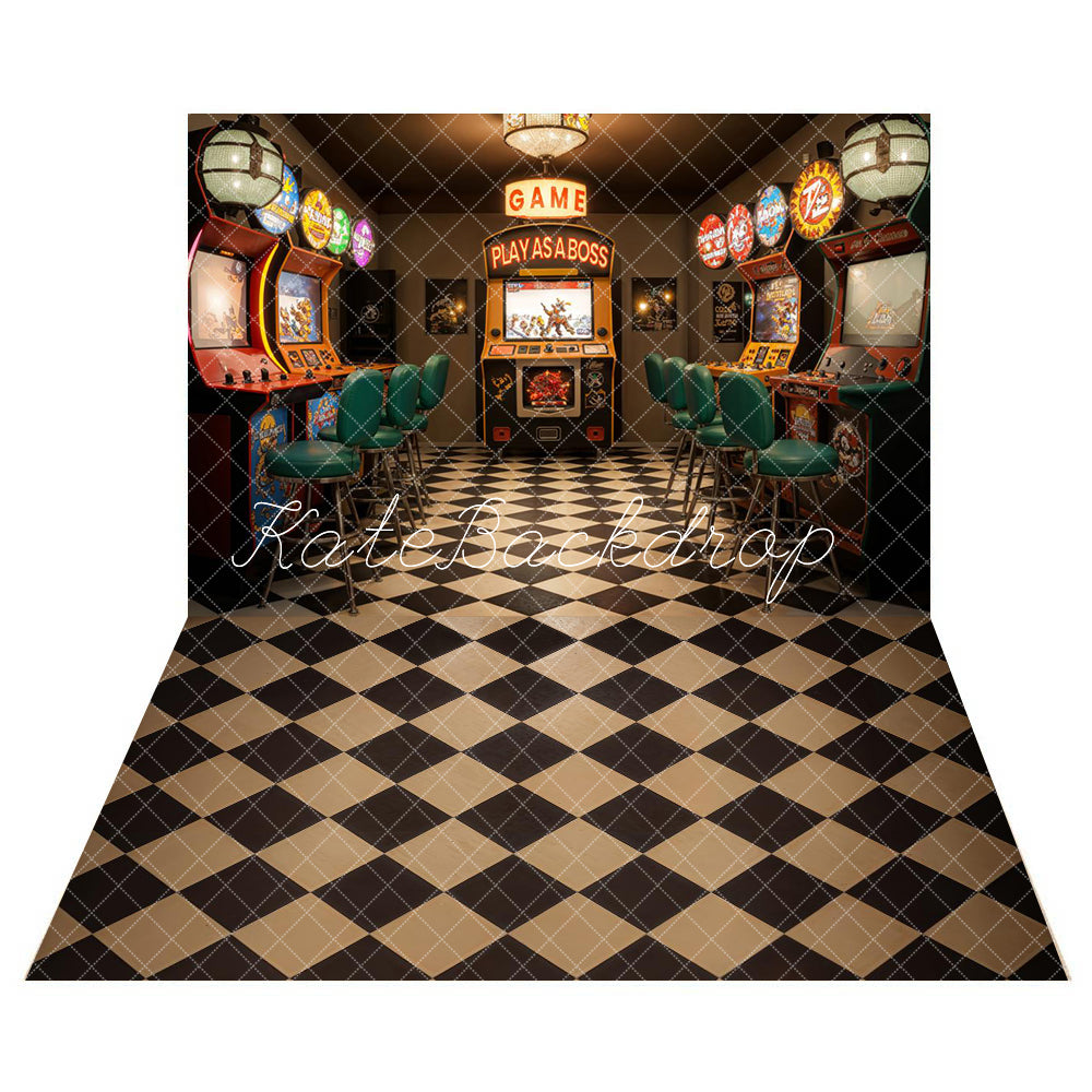 Kate Retro Colorful Game Lobby Backdrop+Vintage Black and Brown Plaid Floor Backdrop