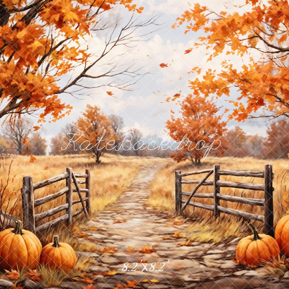 Kate Autumn Maple Leaves Forest Pumpkin Field Path Backdrop Designed by GQ