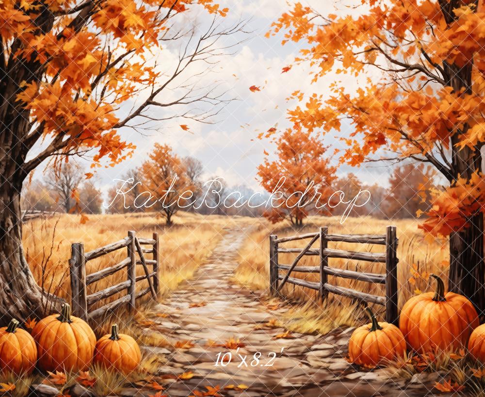 Kate Autumn Maple Leaves Forest Pumpkin Field Path Backdrop Designed by GQ