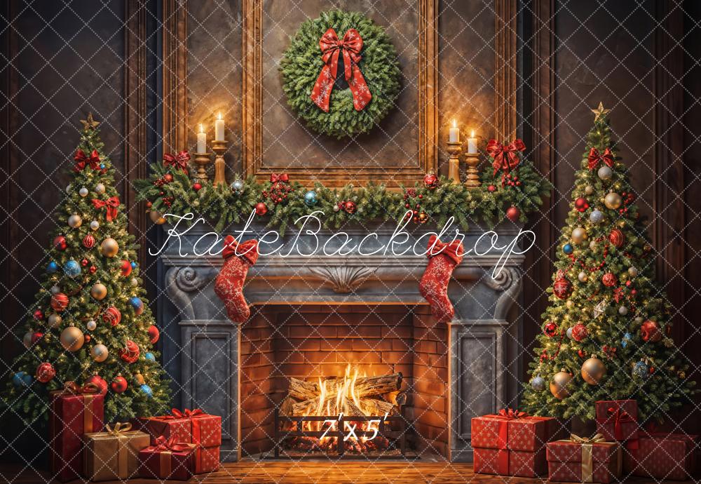 Kate Christmas Tree Wreath Red Sock Retro Grey Fireplace Backdrop Designed by Emetselch