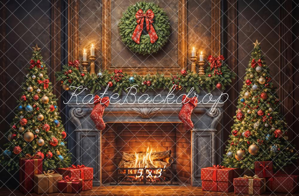 Kate Christmas Tree Wreath Red Sock Retro Grey Fireplace Backdrop Designed by Emetselch